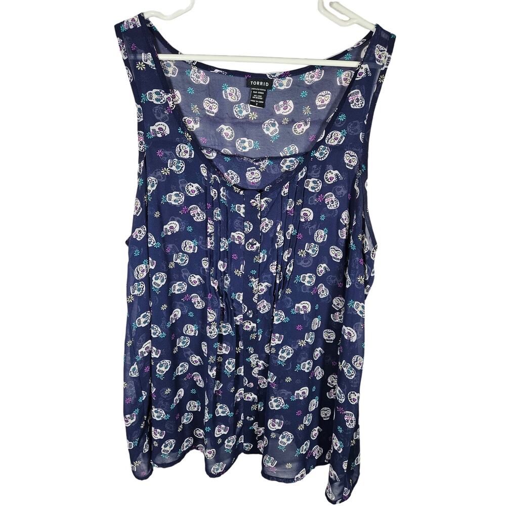 Torrid‎ Womens Sugar Skull Flowy Tank Blue White Green Size 2